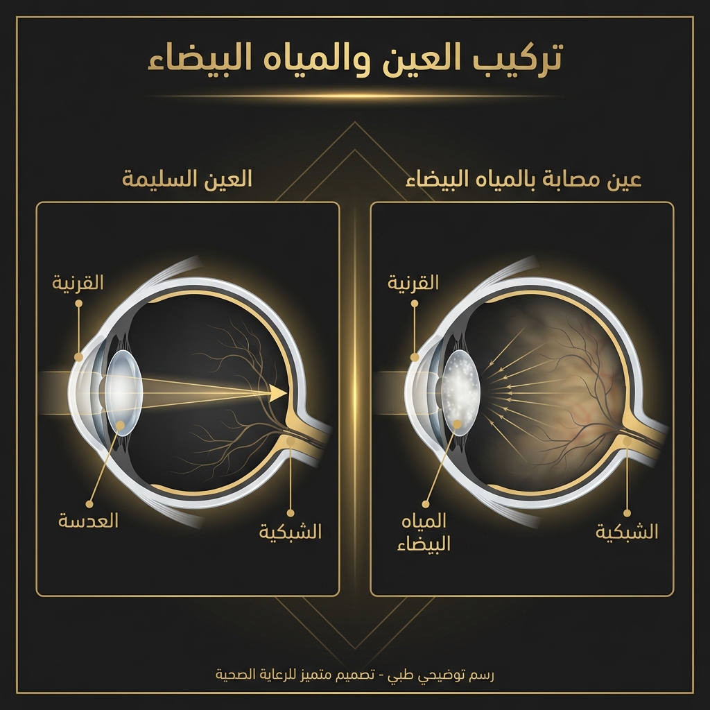 تركيب العين والمياه البيضاء - مقارنة بين العين السليمة والمصابة بالكتاراكت