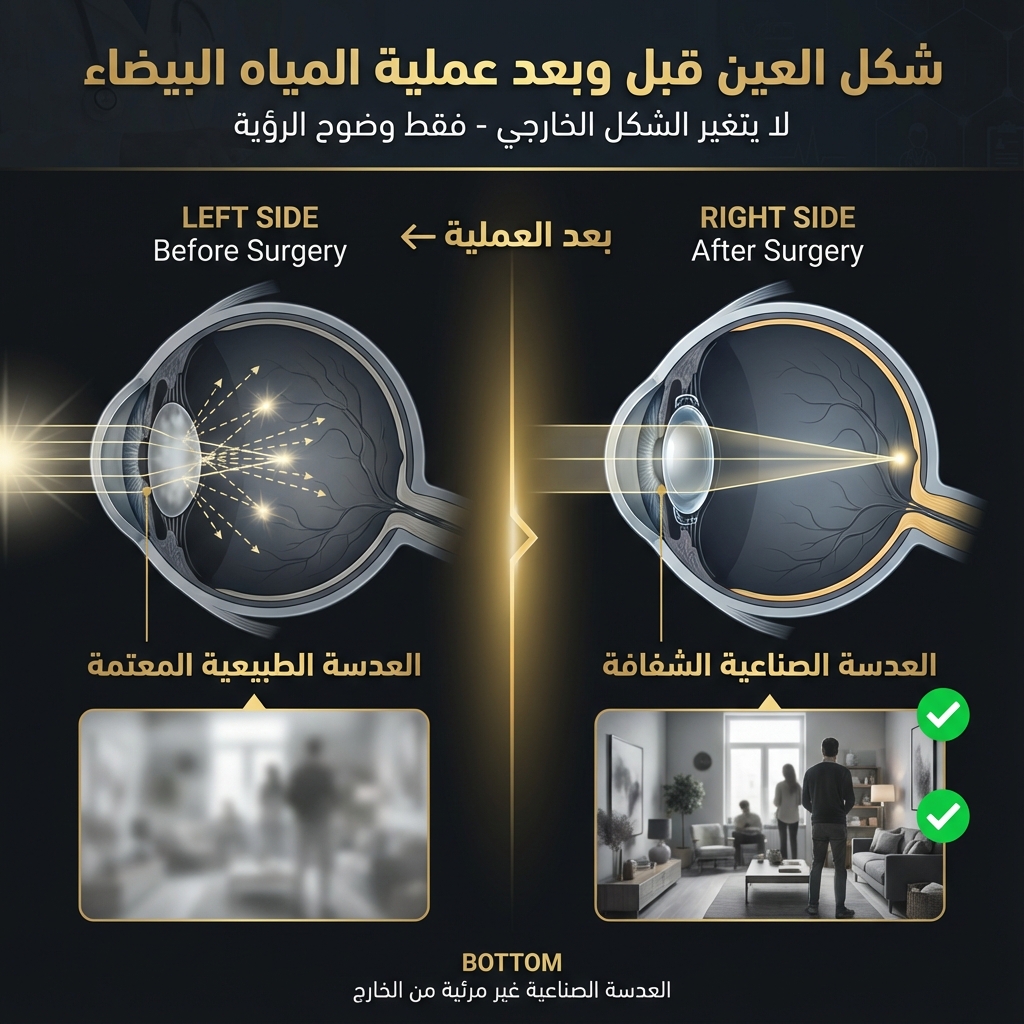 مقارنة شكل العين قبل وبعد عملية المياه البيضاء