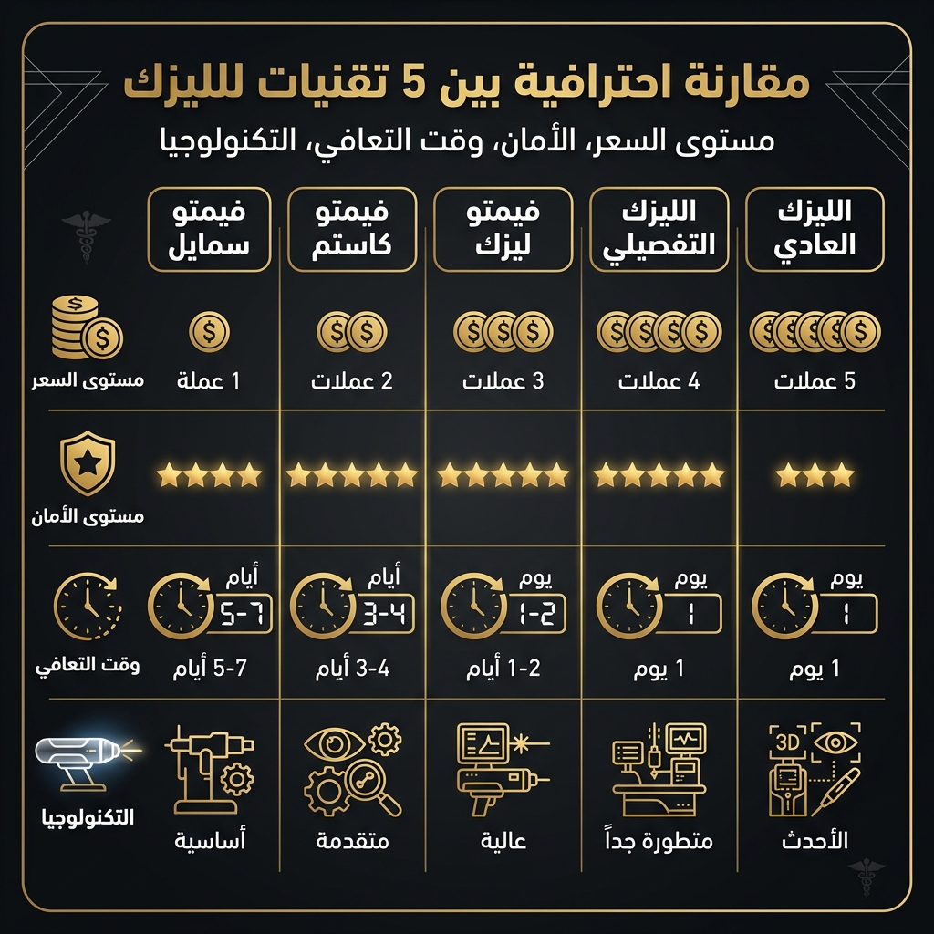 مقارنة احترافية بين تقنيات الليزك الخمسة