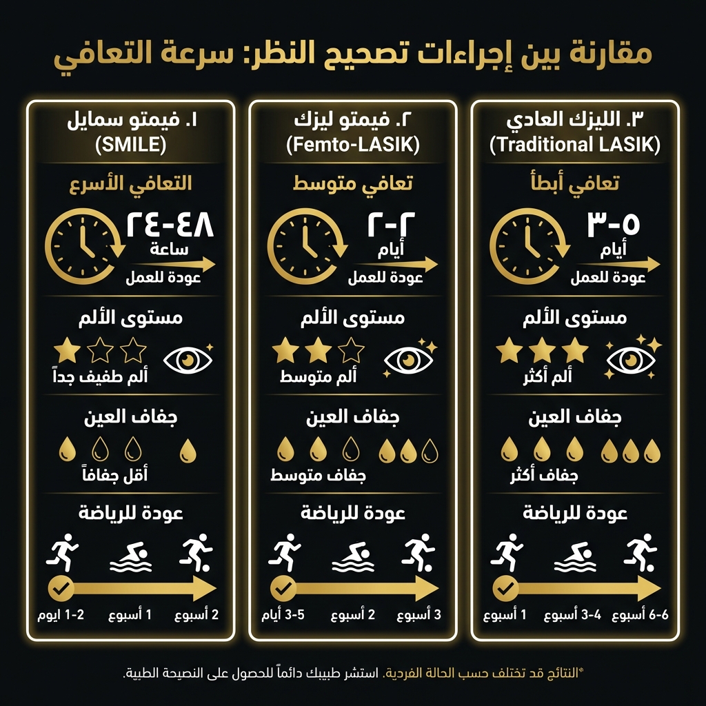مقارنة شاملة للتعافي بين الفيمتو سمايل والفيمتو ليزك والليزك العادي