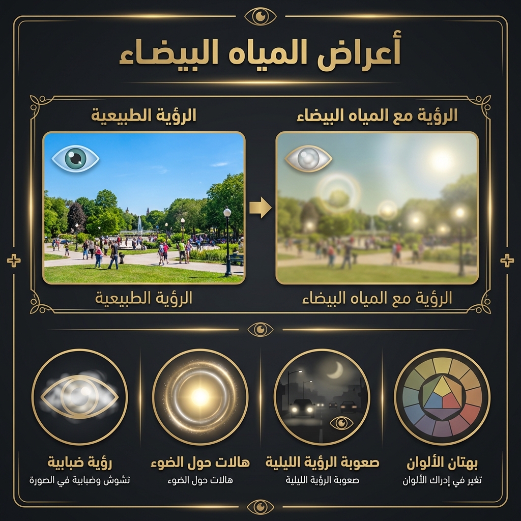 أعراض المياه البيضاء - مقارنة بين الرؤية الطبيعية والرؤية مع الكتاراكت