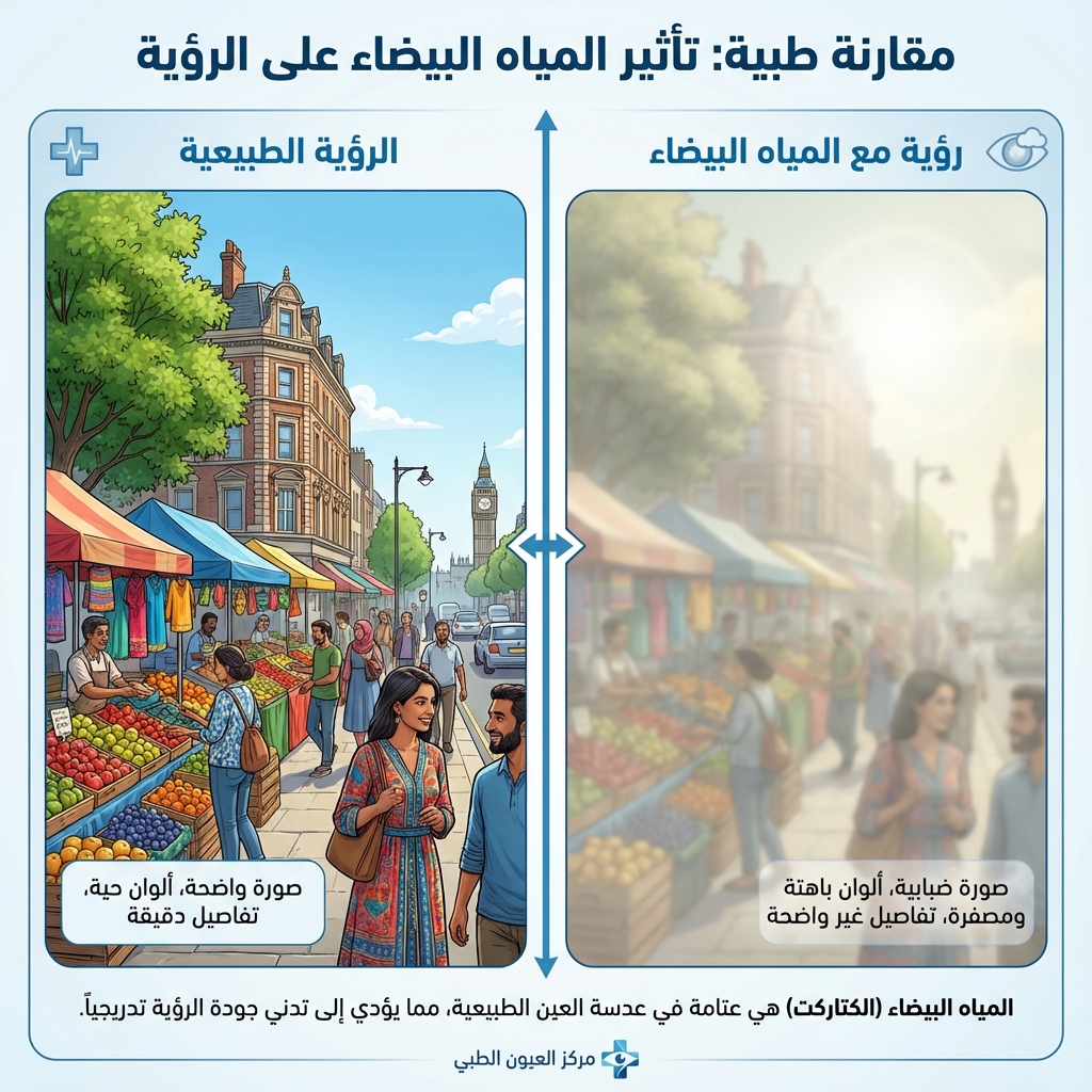 مقارنة بين الرؤية الطبيعية ورؤية المريض بالمياه البيضاء