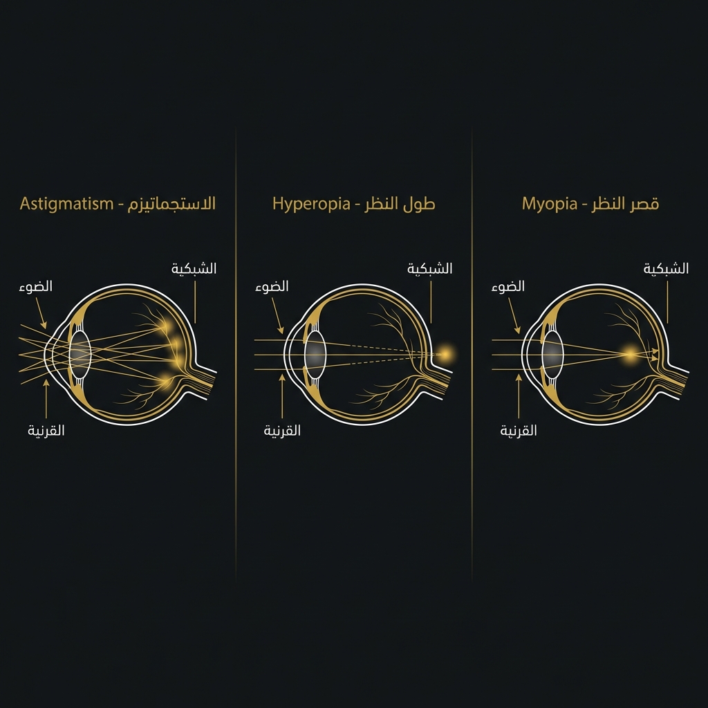 رسم توضيحي لعيوب الإبصار: قصر النظر، طول النظر، والاستجماتيزم